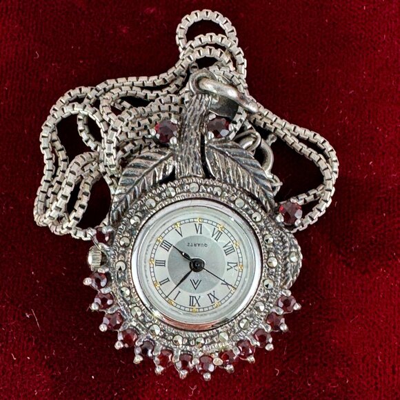 Vantage Jewelry - Fabulous Vintage 1940's Ladies Garnet and Marcasite Watch Pendant necklace
